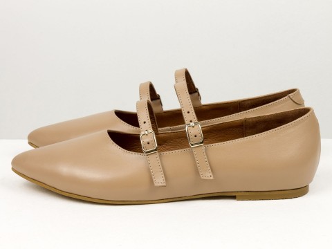Жіночі туфлі на низькому ходу з натуральної шкіри кольору капучино з пряжками, Т-2404-02